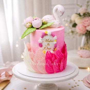 Flamingo and brushstrokes tropical cake