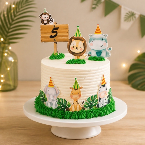 a cake with jungle animals on top