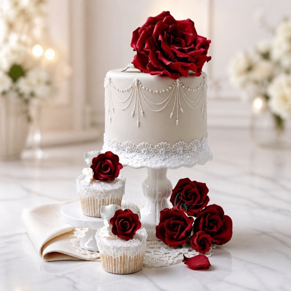 White Cake with Red Roses