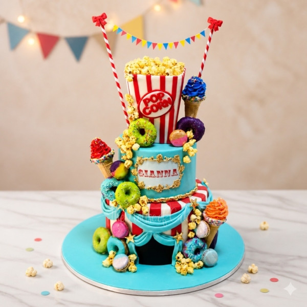 Movie Theme Cake with Doughnuts, Popcorn and Ice Cream Cones