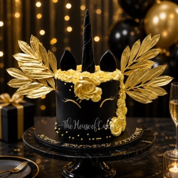 Black and gold unicorn cake