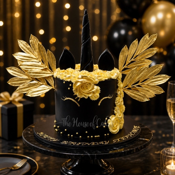 Black and gold unicorn cake