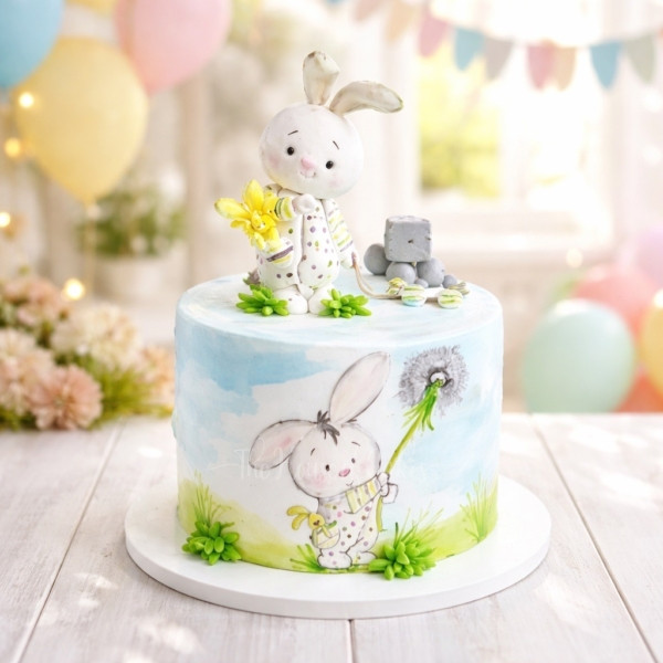 1st Birthday cake with Bunny Rabbits