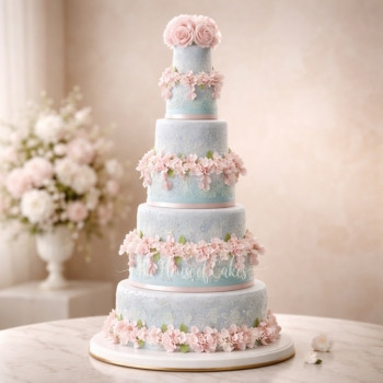 Blue & Pink Lace Wedding Cake in Dubai