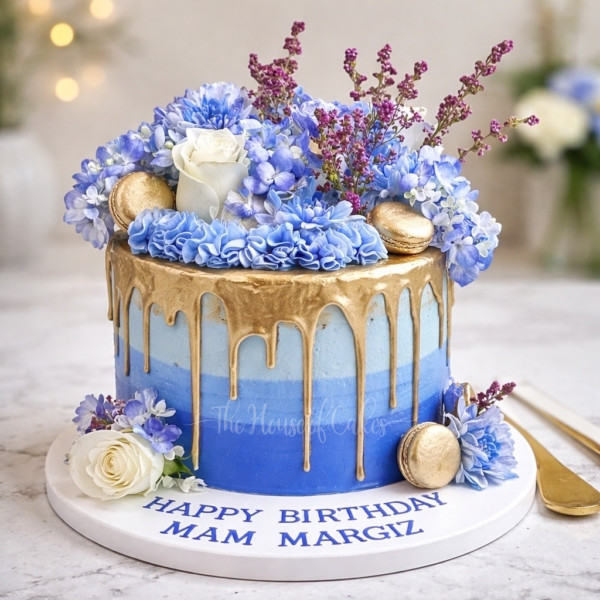 Blue Cake with Gold Dripping