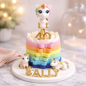 Unicorn and rainbow bows cake with pastel buttercream, colorful bows, and gold horn by The House of Cakes Bakery Dubai