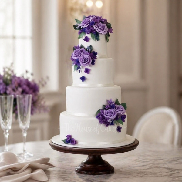 Wedding Cake with Lavender and Purple Roses