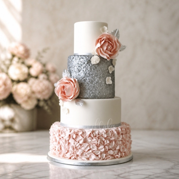 Peach White and Silver Cake