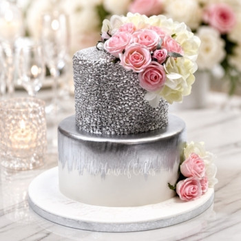 Silver Cake with Pink Roses