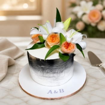 Silver Cake with Lilies and English Roses