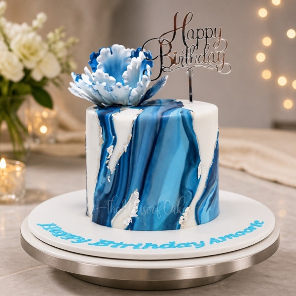 Pretty Marble Blue and Silver Cake