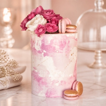 Pink Cake with Gold Macarons