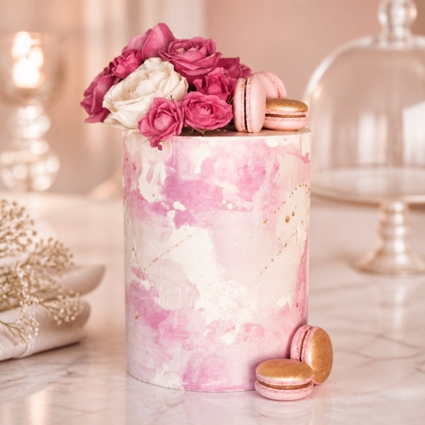 Pink Cake with Gold Macarons
