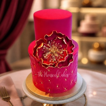 Gold and Bright Pink Cake with Flowers