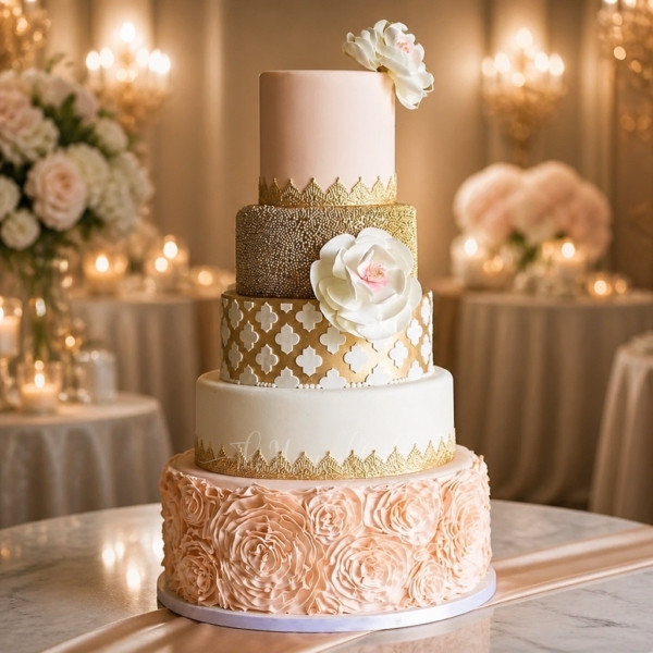 light pink, gold and white cake