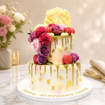 Gold Dripping and Pink Roses Cake