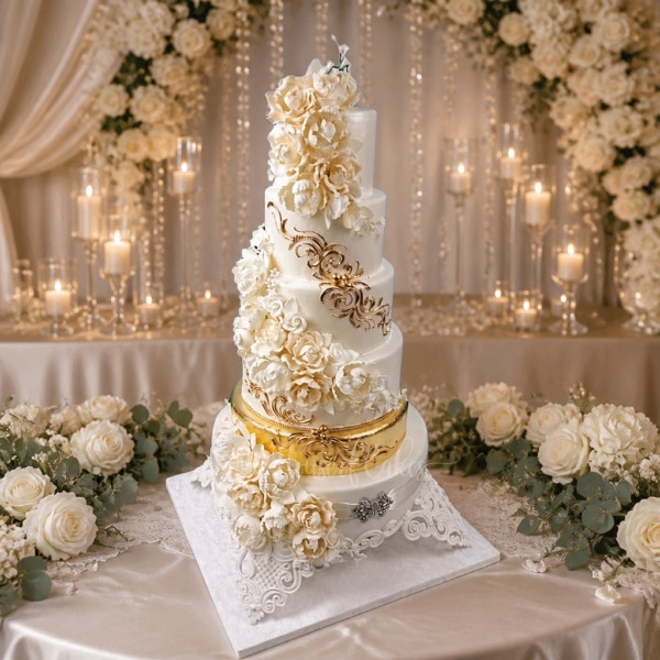 White and Gold Cake in Dubai