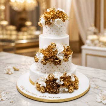 White & Gold Cake with Peonies in Dubai