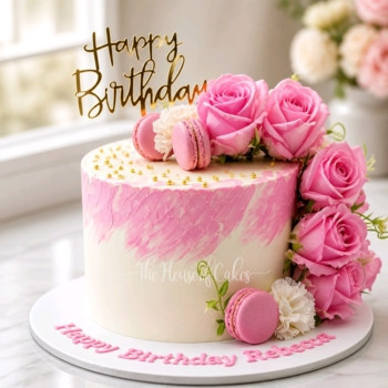 Modern Happy birthday Cake with topper and flowers