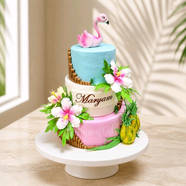 Tropical Hawaii theme cake with flamingo
