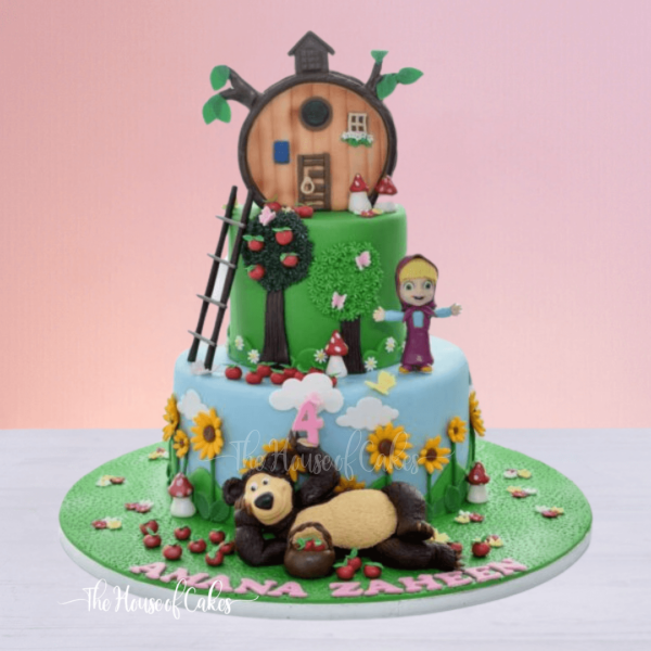 a cake with masha and bear on it