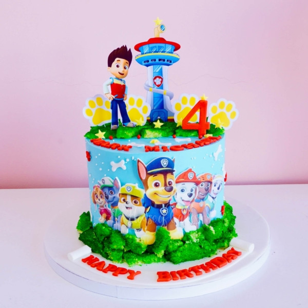 a cake with paw patrol cartoon characters and number