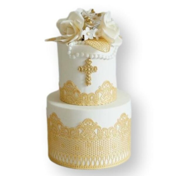 White and gold christening cake