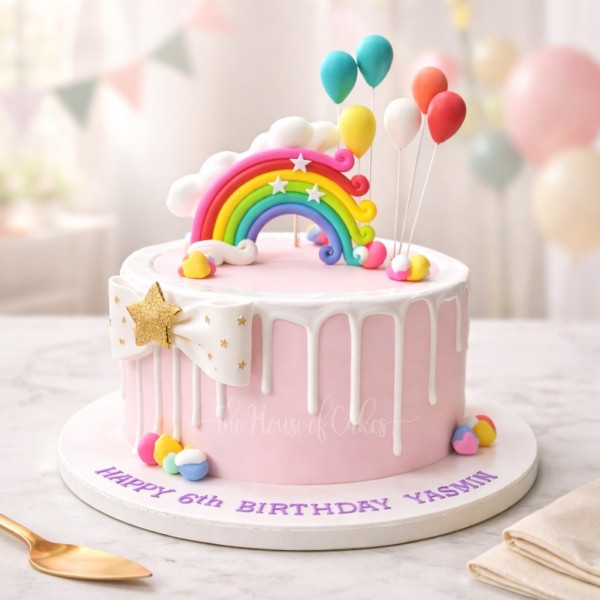 Cake with Rainbow and Balloons