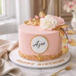 Peach cake with name and white rose