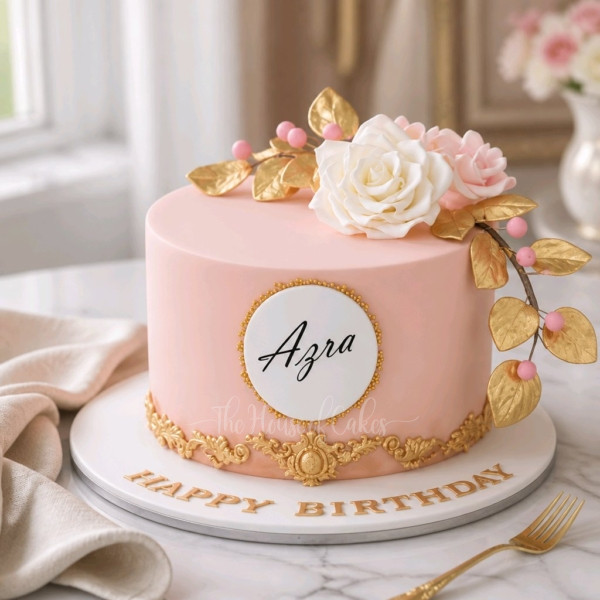 Peach cake with name and white rose