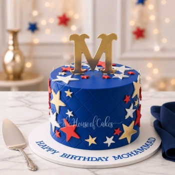 Cake with letter and stars-blue