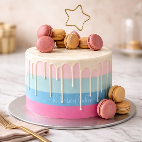 Blue Pink Stripes Drip and Macaroons Cake in Dubai