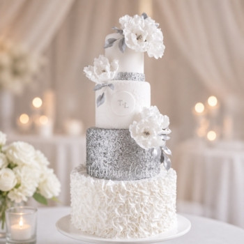 White and Silver Wedding Cake in Dubai