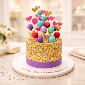 Cake with rainbow vermicelli balls and hearts