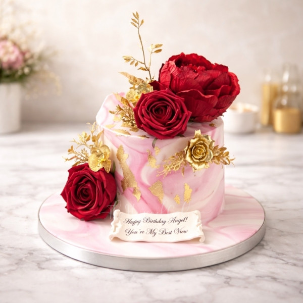 Pink Marble Cake with Red and Gold Flowers in Dubai