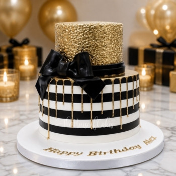 Gold Cake with Black and White Stripes