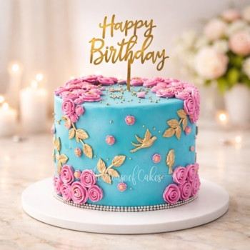 Blue Cake with Pink Flowers