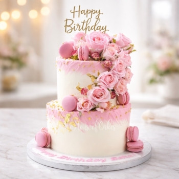 Pink Roses and Macarons Cake in Dubai