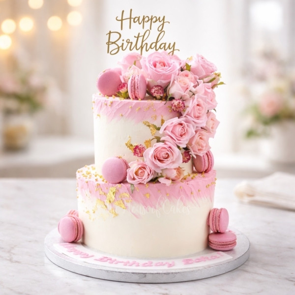 Pink Roses and Macarons Cake in Dubai