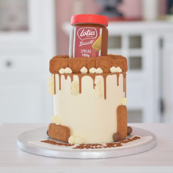 Cake with Lotus spread jar and biscuits
