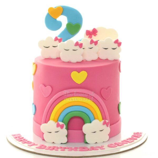 Rainbow clouds and hearts cake