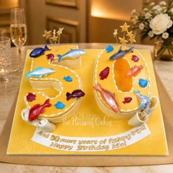 50th Yellow Birthday Cake with Fishes in Duba