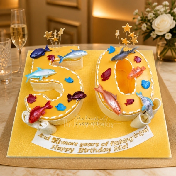 50th Yellow Birthday Cake with Fishes in Duba