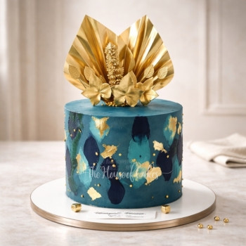 Blue and Gold Cake with Golden Palm Leaves