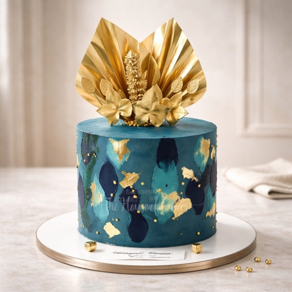 Blue and Gold Cake with Golden Palm Leaves