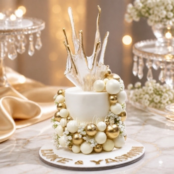 Cake with White and Gold Balls and Sail on Top