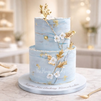 blue and Gold Marble Cake with Flowers in Dubai