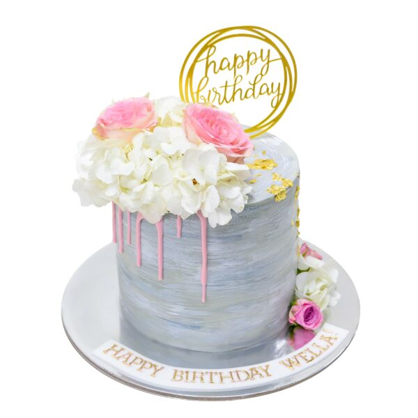 Grey Silver cake with pink and white  flowers