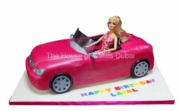 Barbie in car cake