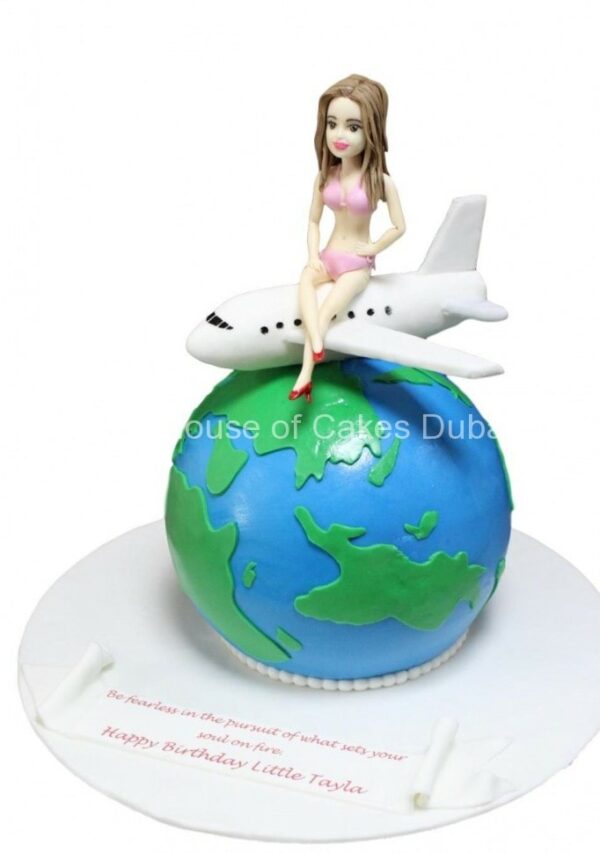 Globe, plane and girl cake